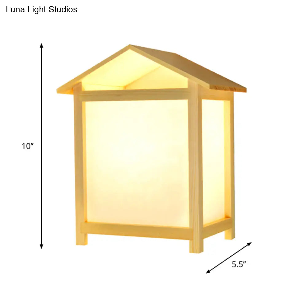 Japanese-Style Sconce Lamp With Parchment Shade - Wood House Shape Wall Light