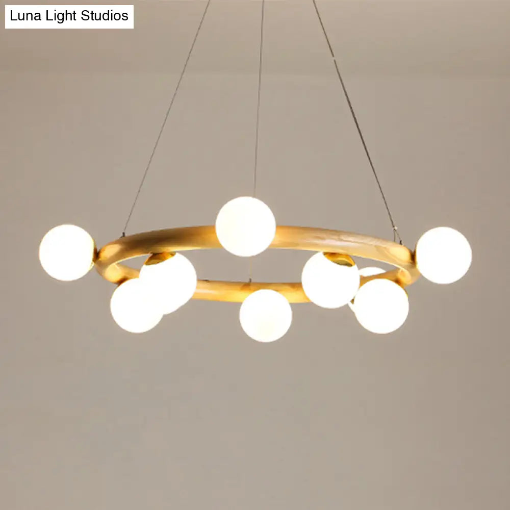 Japanese Style Wood Ring Pendant Light With Bubble Shade In Beige - Perfect For Study Room