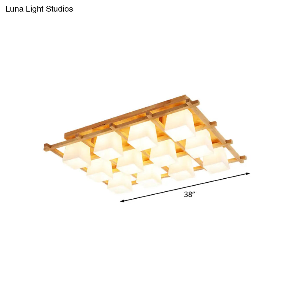 Japanese Style Wooden Checkerboard Flush Mount Ceiling Light In Beige For Study Room