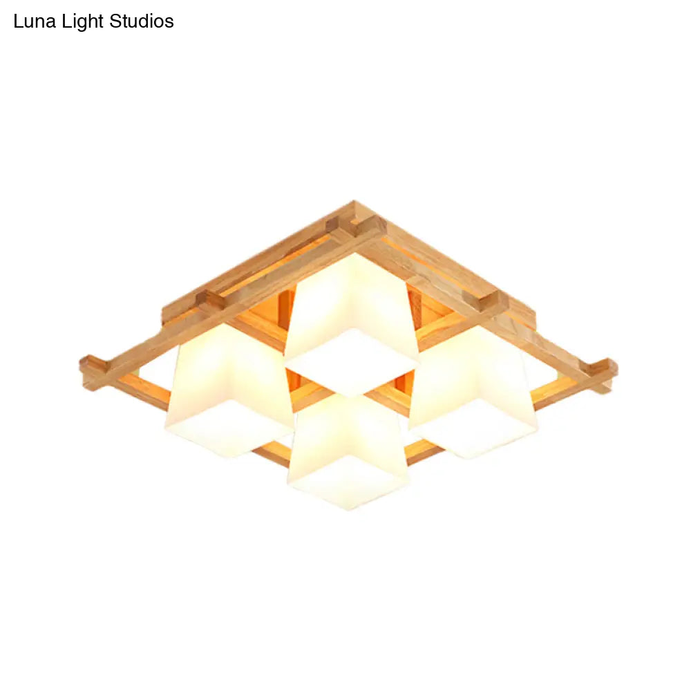 Japanese Style Wooden Checkerboard Flush Mount Ceiling Light In Beige For Study Room
