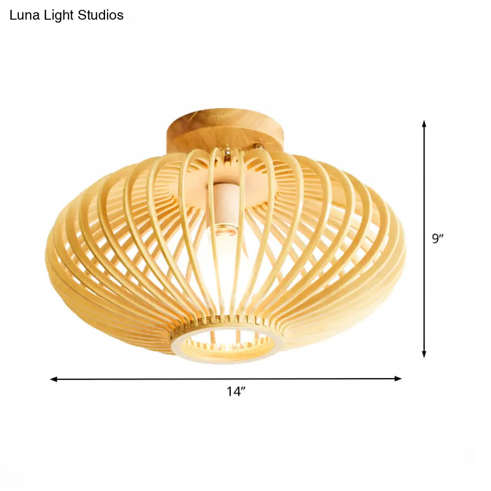 Japanese Wood Laser Cut Semi Flush Mount Ceiling Light In Beige