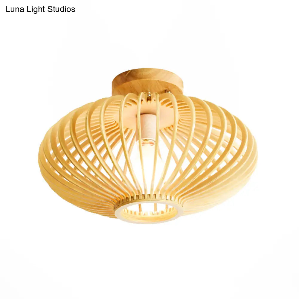 Japanese Wood Laser Cut Semi Flush Mount Ceiling Light In Beige