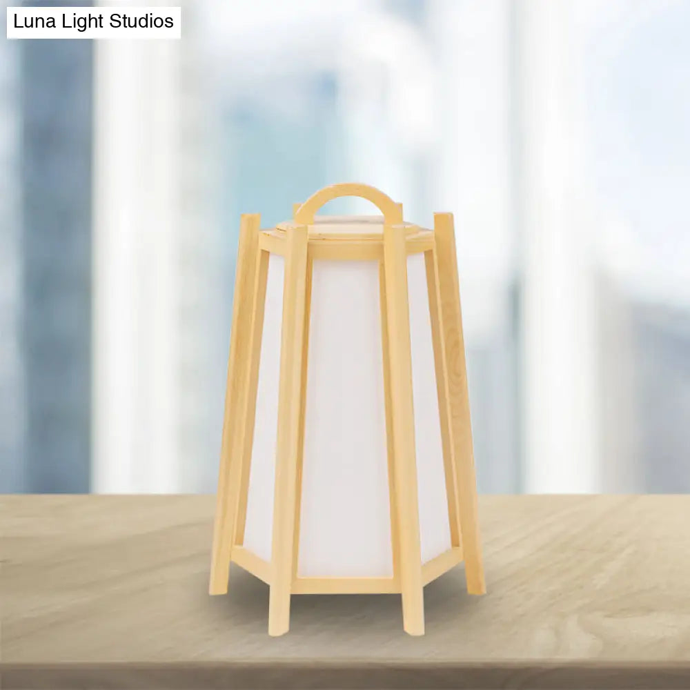 Japanese Wood Night Lamp: Tower Shape Bedside Table Light Beige Tone Fabric Shade