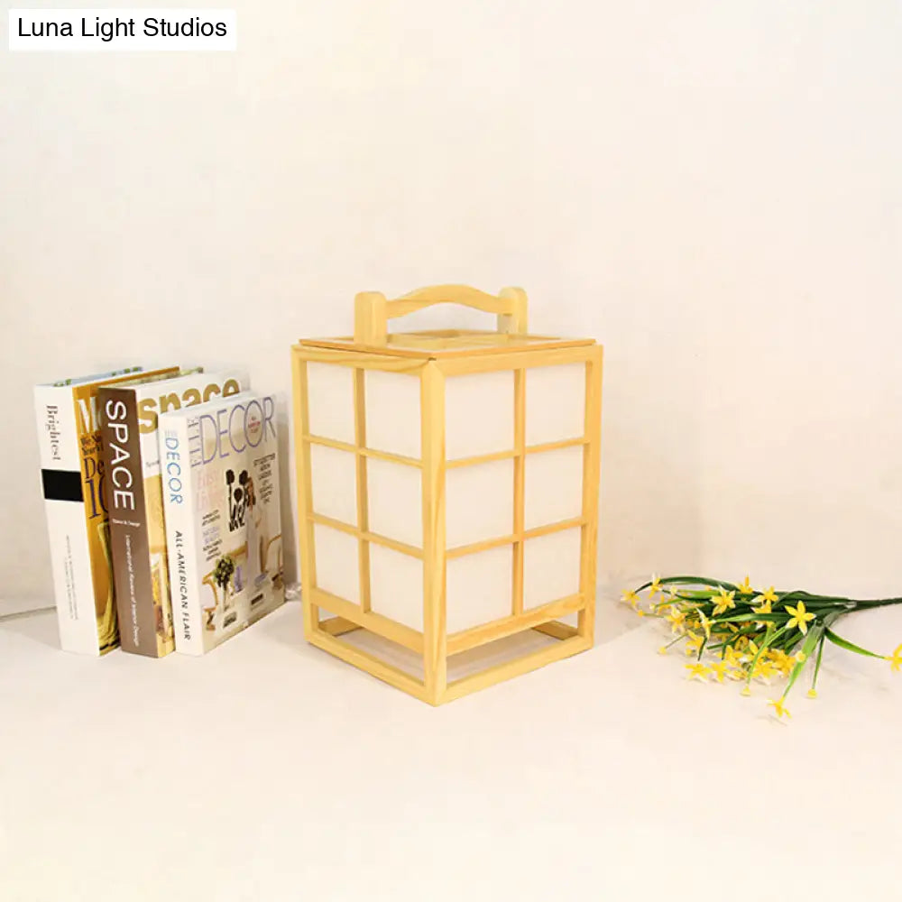 Japanese Wood Rectangular Desk Lamp - Small Beige Task Lighting With Handle