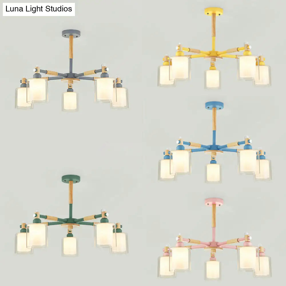 Kid Bedroom Pendant Light Fixture With 5 Bulbs - Simple Style Metal Cylinder Hanging Lights