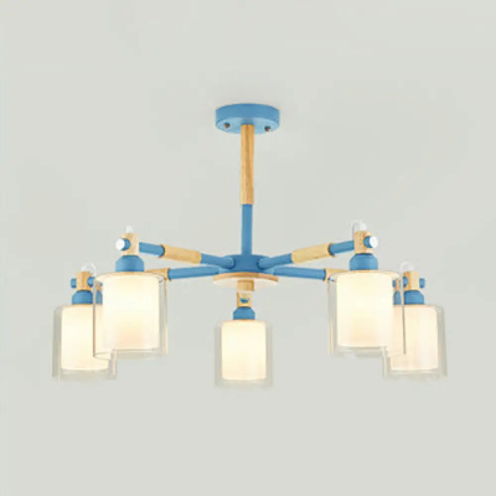 Kid Bedroom Pendant Light Fixture With 5 Bulbs - Simple Style Metal Cylinder Hanging Lights Blue