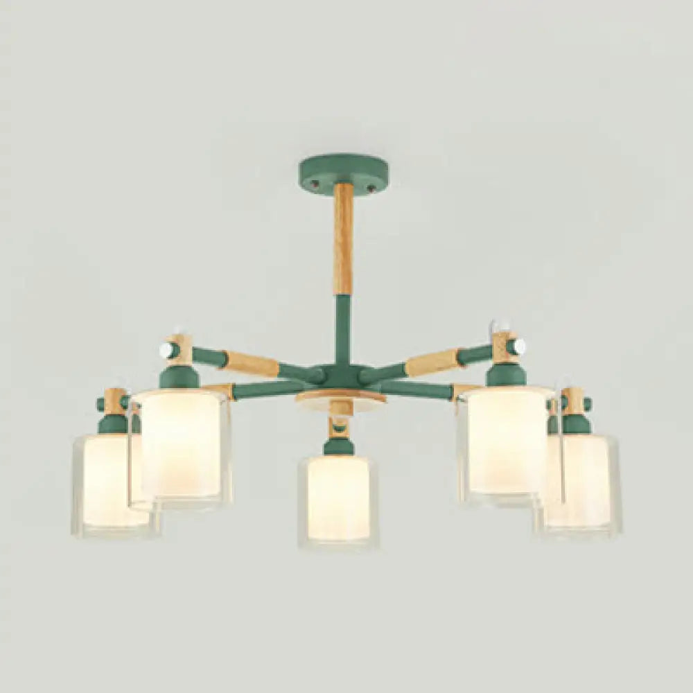 Kid Bedroom Pendant Light Fixture With 5 Bulbs - Simple Style Metal Cylinder Hanging Lights Green