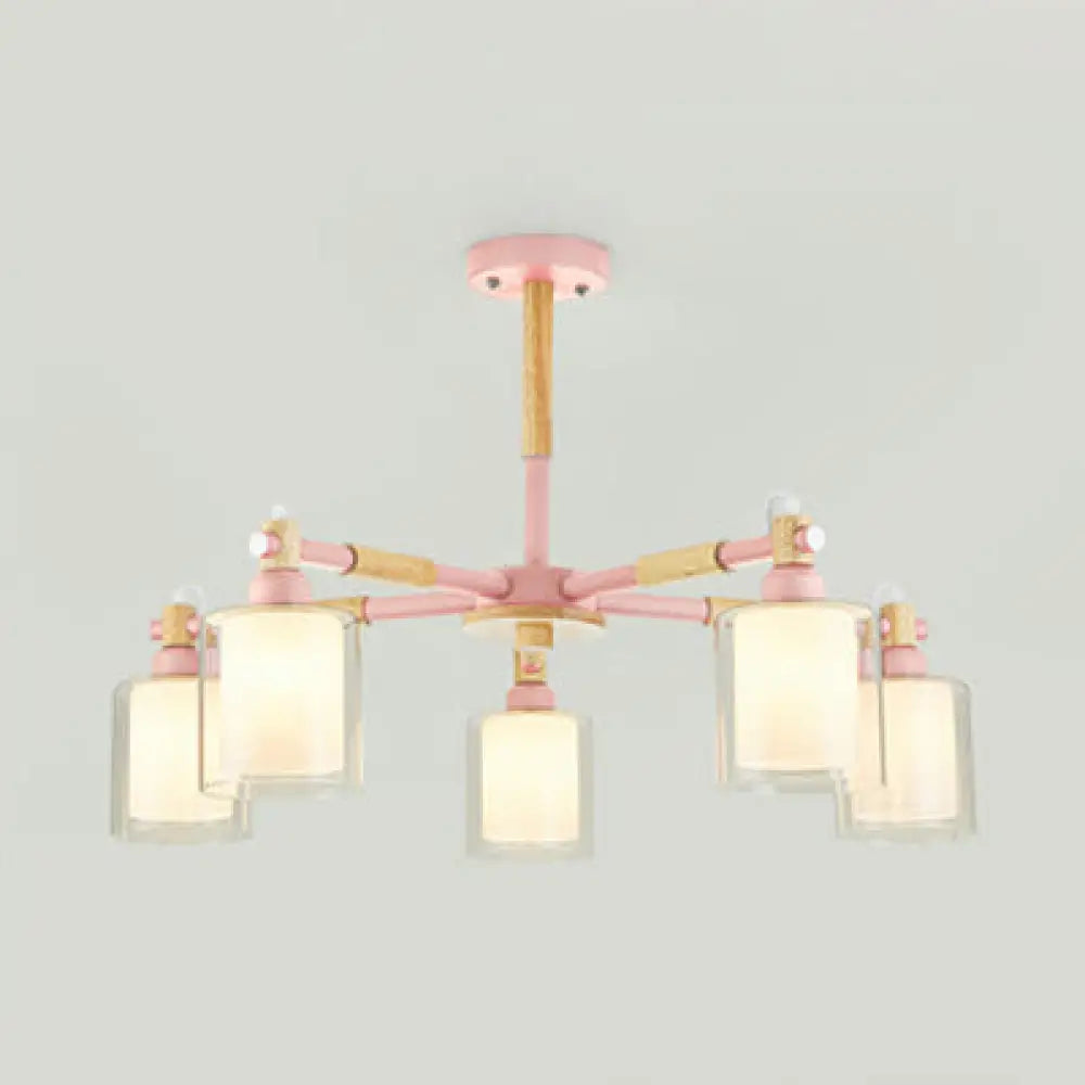 Kid Bedroom Pendant Light Fixture With 5 Bulbs - Simple Style Metal Cylinder Hanging Lights Pink