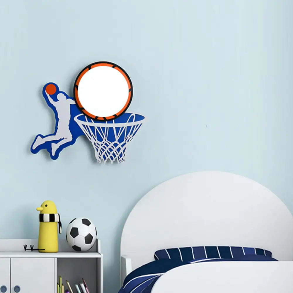 Kiddie Cartoon Blue Led Wall Lamp - Round Shade Plastic Light Fixture For Kindergarten / C