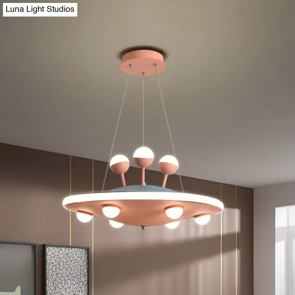 Kids Bedroom Ceiling Chandelier - Cartoon Ufo Metal Led Pendant Light In Pink/Blue