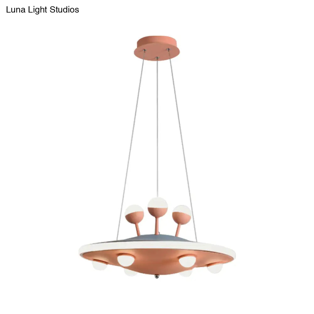 Kids Bedroom Ceiling Chandelier - Cartoon Ufo Metal Led Pendant Light In Pink/Blue