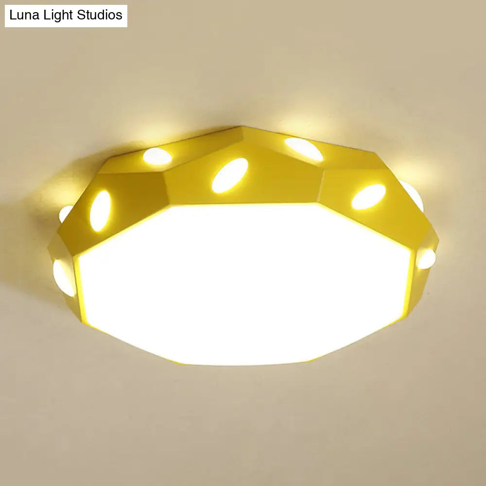 Kid’s Bedroom Octagon Shade Flush Ceiling Light With Leaf Macaron Design - Acrylic Led Lamp