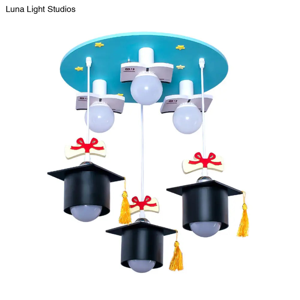 Kid’s Blue Square Cap Resin Ceiling Light With 3 Flush Lights For Bedroom