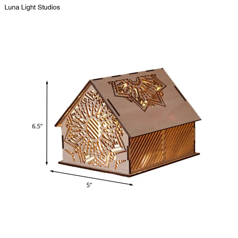 Kids Cottage Mini Night Lamp - Wooden Led Nightstand Light In Brown With Sculpted Flower/Star/Loving