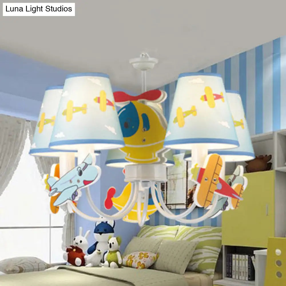 Kindergarten Blue Fabric Cartoon Chandelier Ceiling Lamp With Tapered Shade