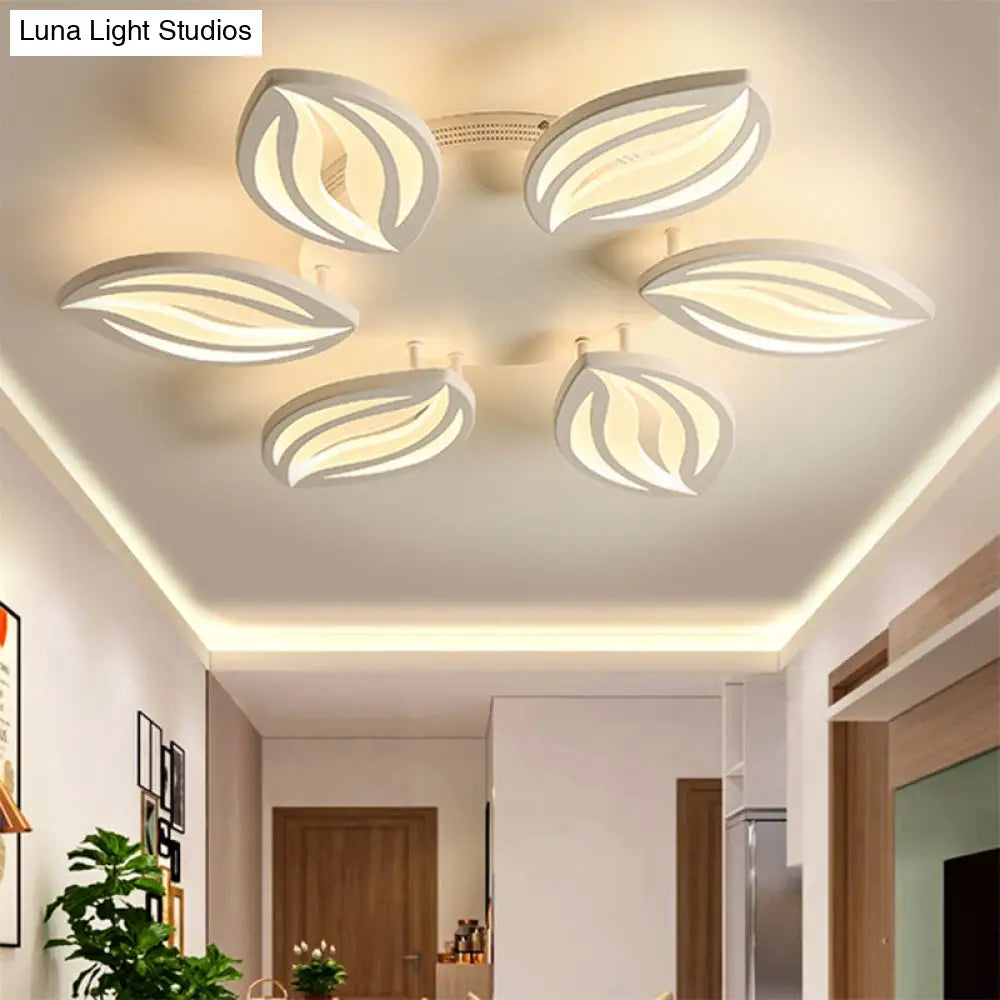 Led Bedroom Ceiling Light - 4/6 Lights Flush Mount Fixture With Leaf Acrylic Shade White