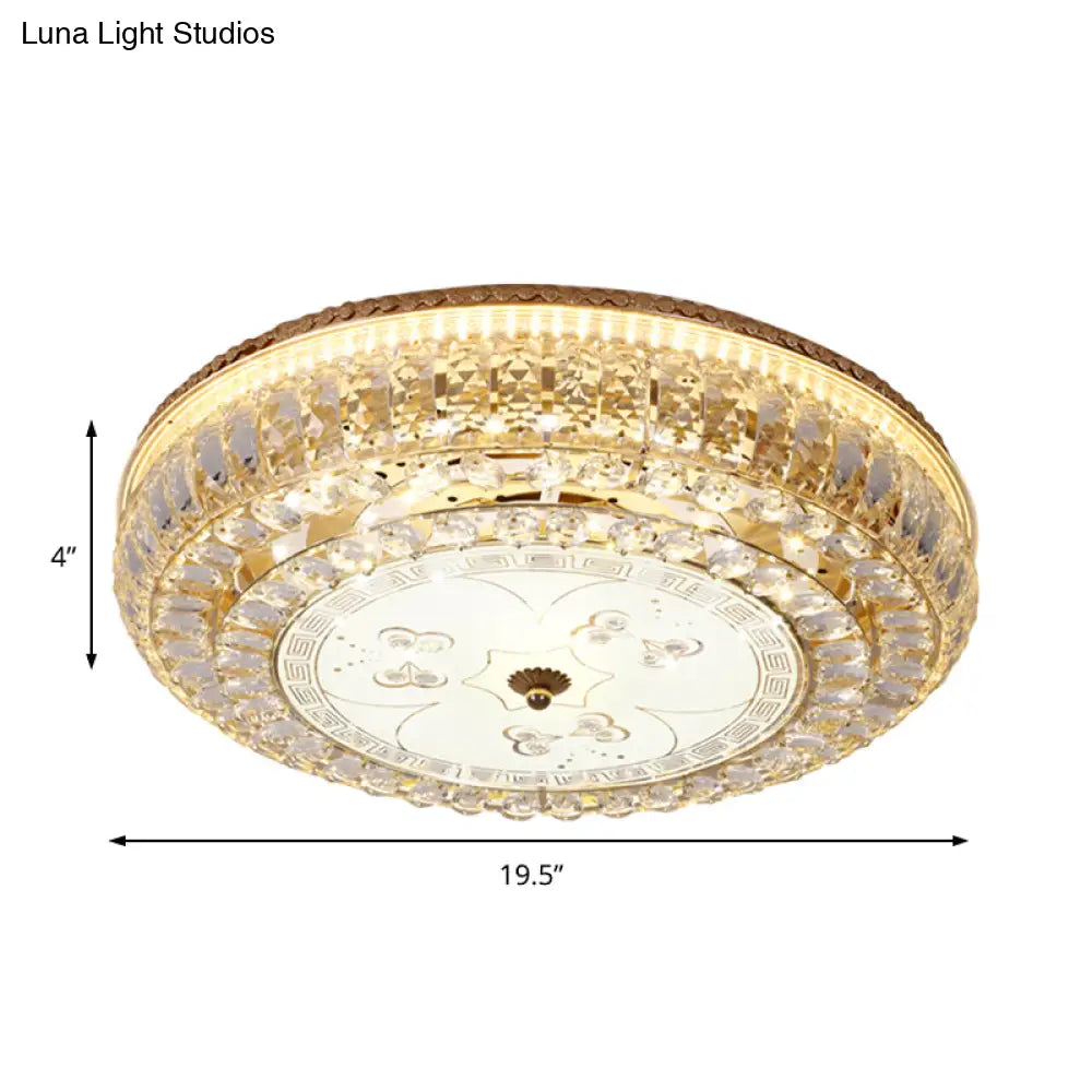 Led Drum Flush Light: Modern Crystal Ceiling Fixture With Gold Flower/Butterfly Pattern