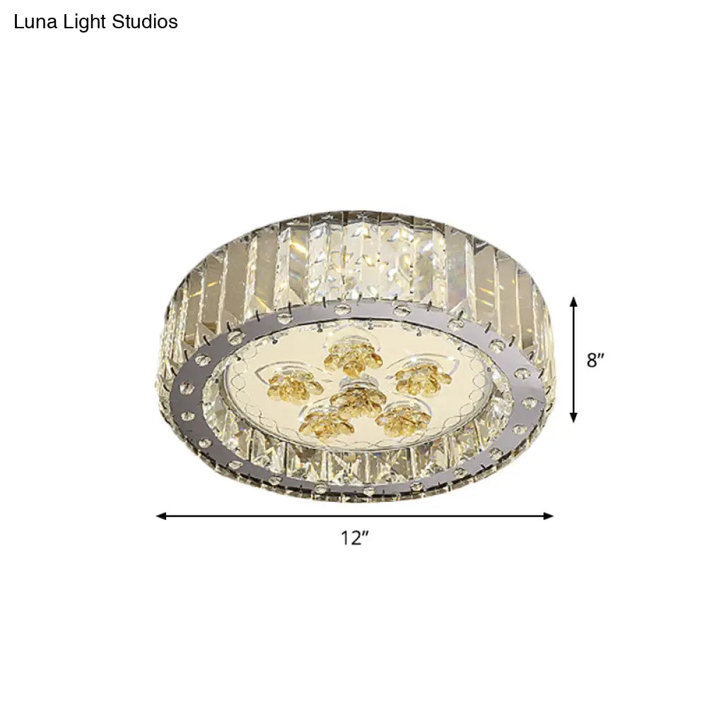 Led Drum Shade Crystal Ceiling Lamp With Flush Mount Spotlight In Nickel Finish