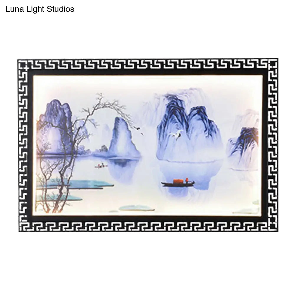 Led Fabric Wall Lamp With Dark Blue Mountain Scene Mural For Family Room