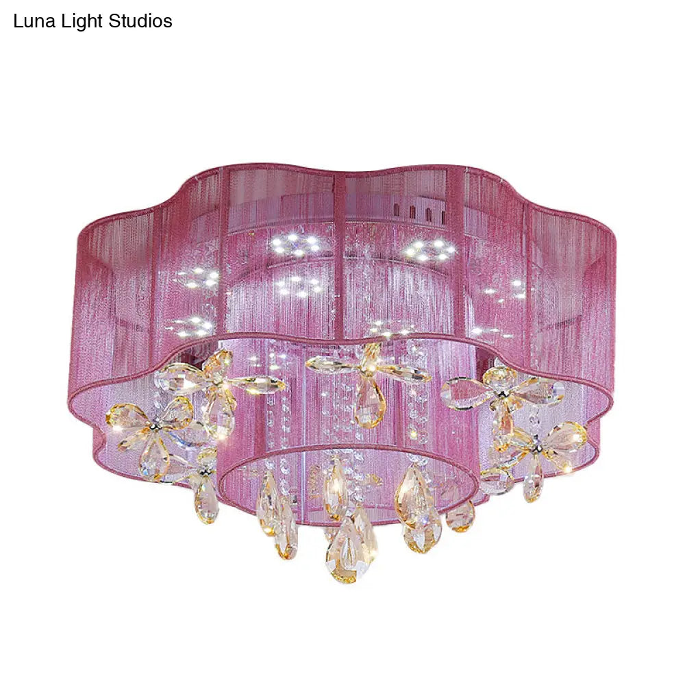 Led Flower Ceiling Light With Crystal Drops - Gold/Pink Modern 2 - Layer Fabric Mount
