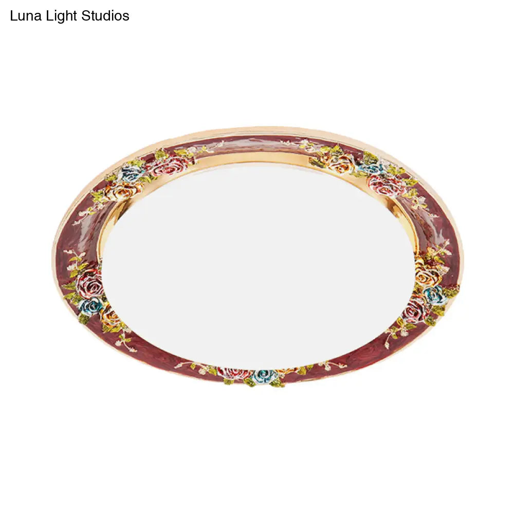 Led Flush Mount Ceiling Light - Traditional Grey/Red/Green With Round Resin Shade Bedroom Lighting
