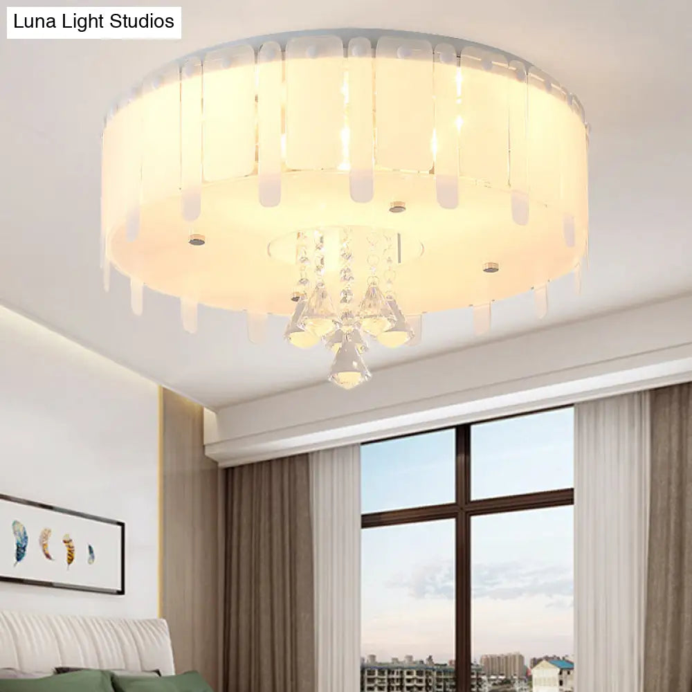 Led Flush Mount Ceiling Light With Crystal Drop And White Glass Shade - Simple Style