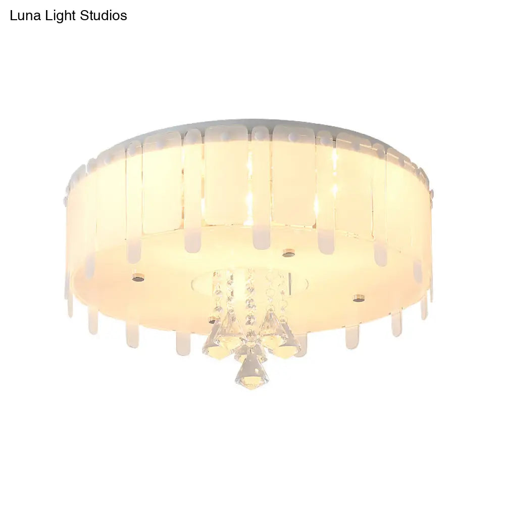 Led Flush Mount Ceiling Light With Crystal Drop And White Glass Shade - Simple Style