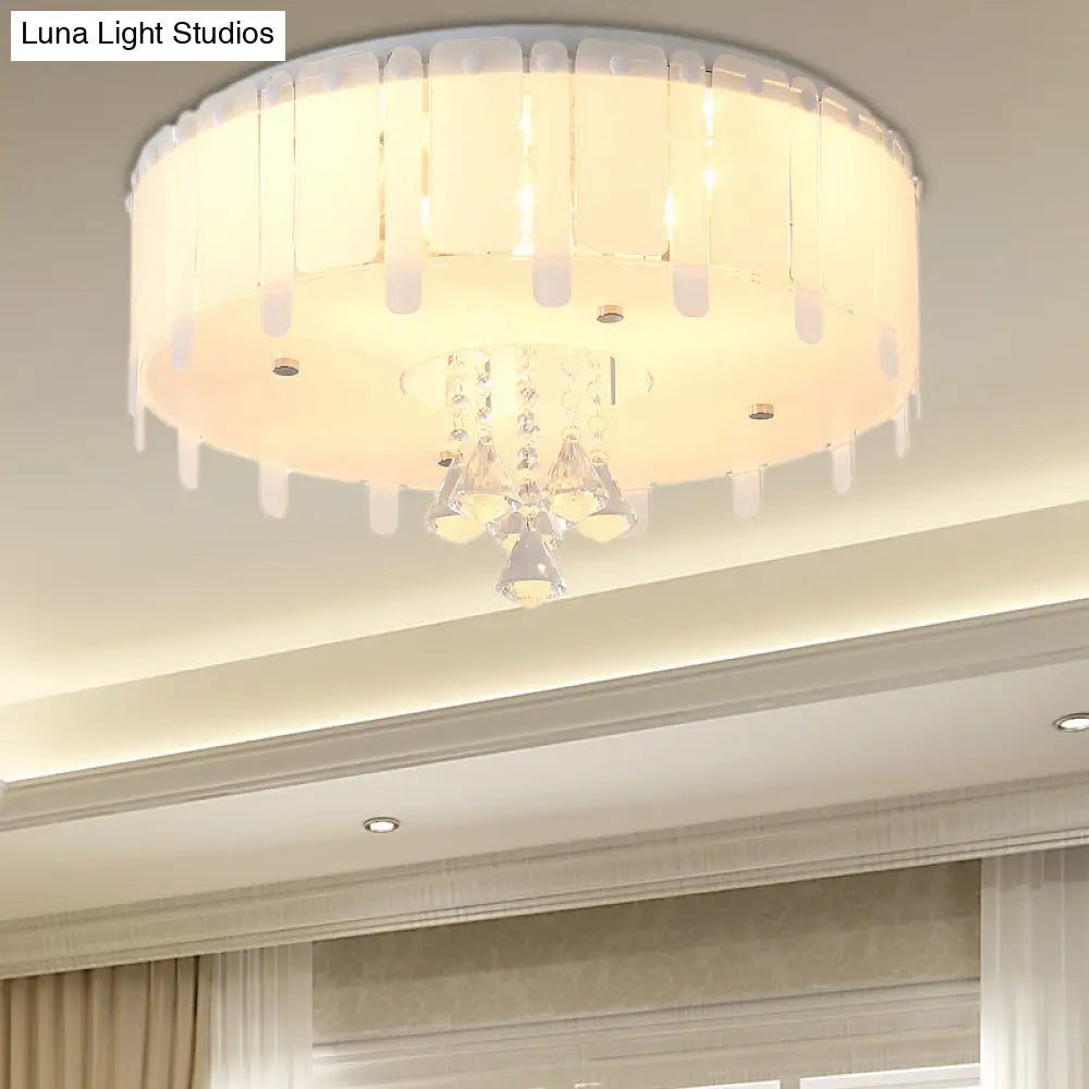 Led Flush Mount Ceiling Light With Crystal Drop And White Glass Shade - Simple Style