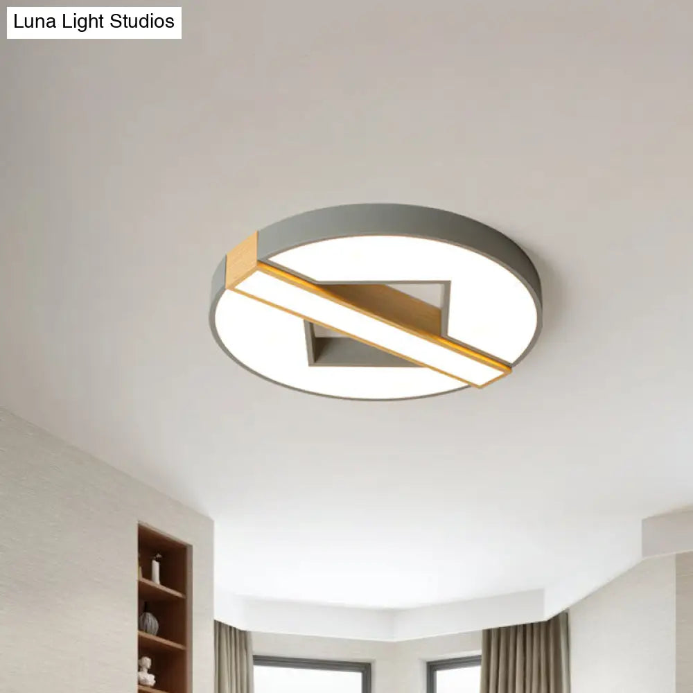 Led Macaron Green/Grey - Wood Bedroom Ceiling Light - 16.5’/20.5’ Flushmount With Round Acrylic