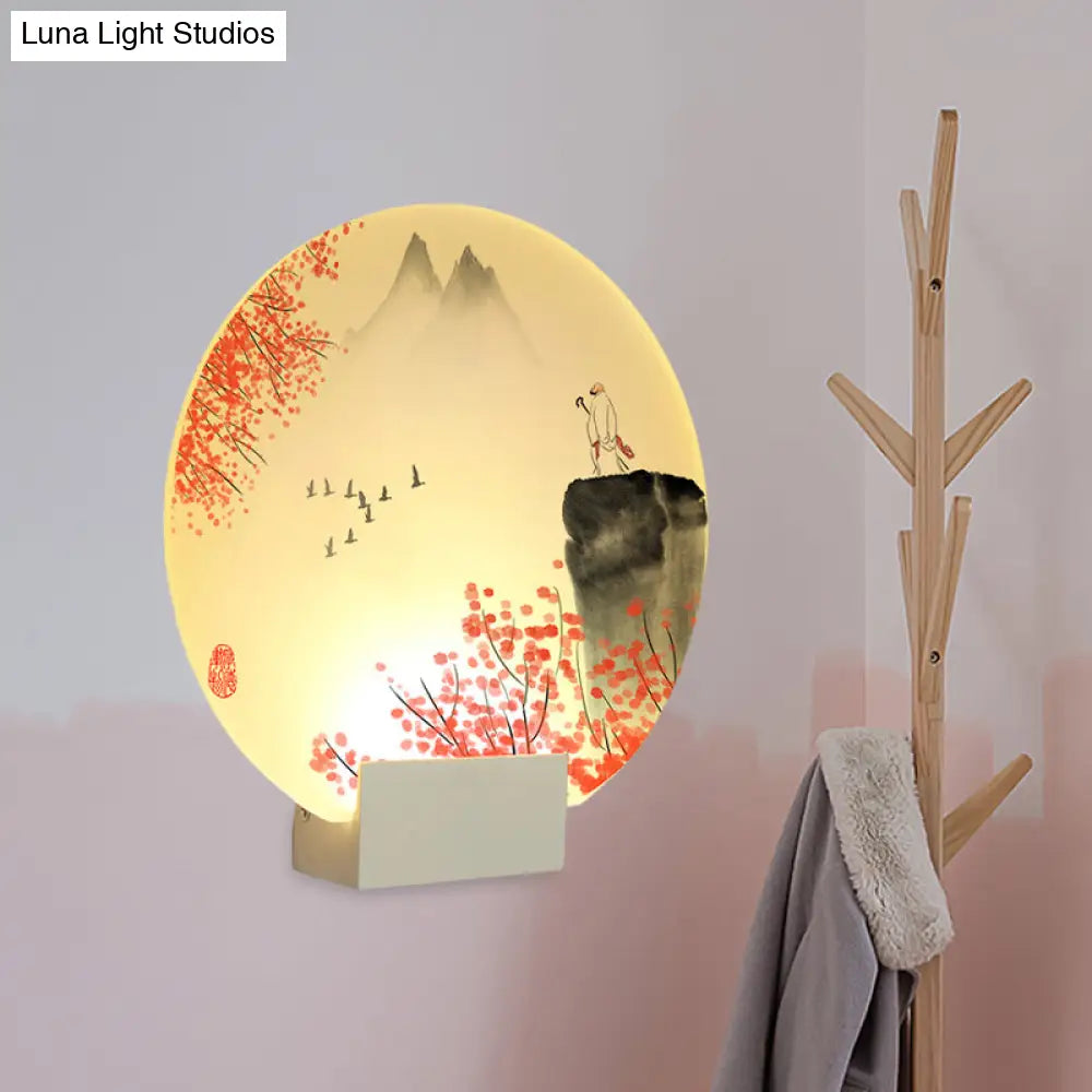 Led Oriental Style Wall Lamp With White Acrylic Shade - Mountain And Flower Design