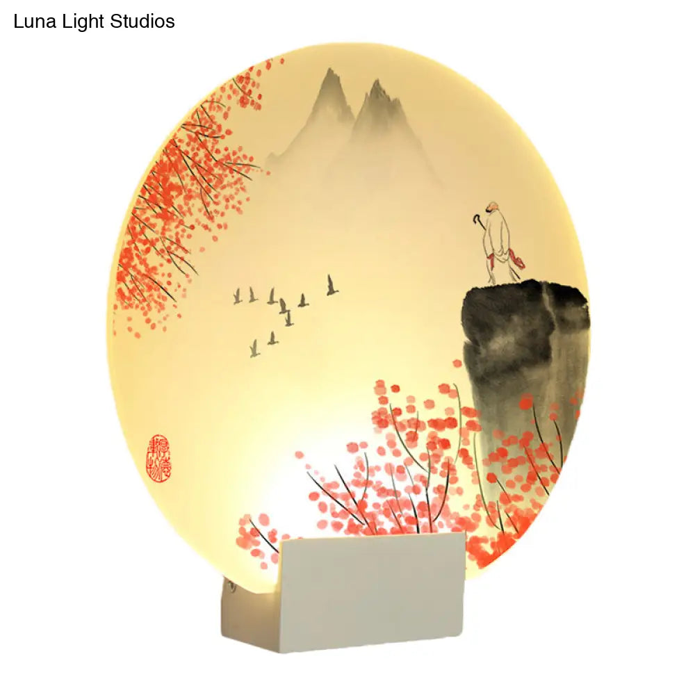Led Oriental Style Wall Lamp With White Acrylic Shade - Mountain And Flower Design
