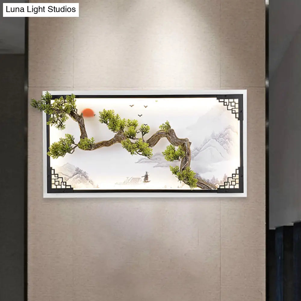 Led Pine Branch Wall Lamp - Iron Asian Living Room Sconce Lighting In White-Green