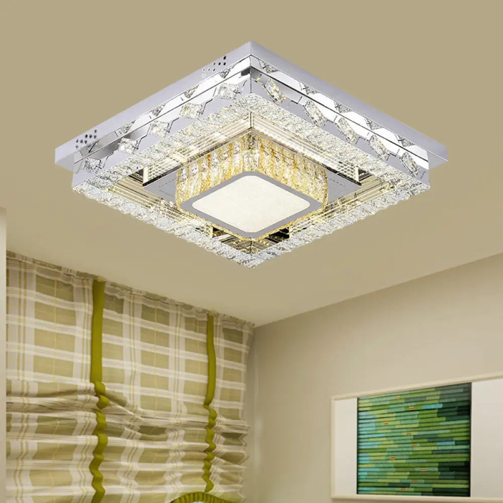 Led Stainless - Steel Flush Mount Crystal Block Ceiling Light Fixture / Square Plate