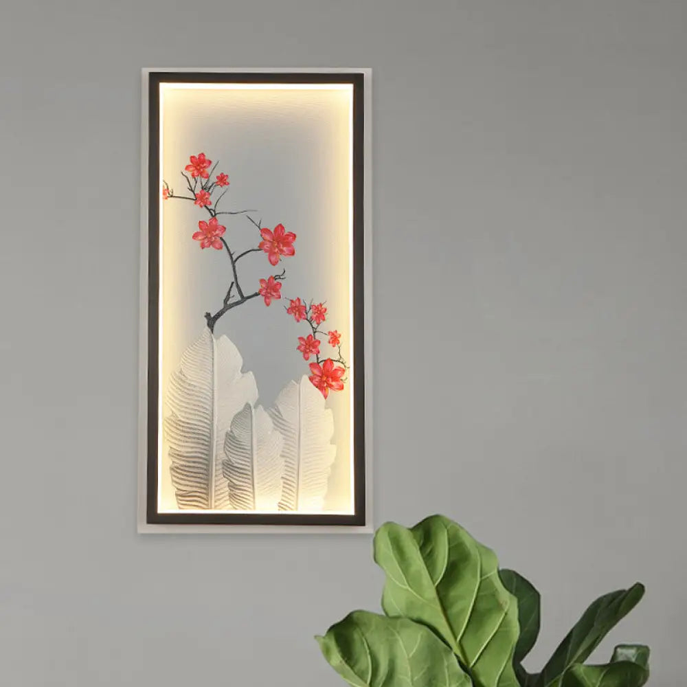 Led Wall Mount Lamp With Banana Leaf And Flower Mural - Asian Aluminum Design In Black
