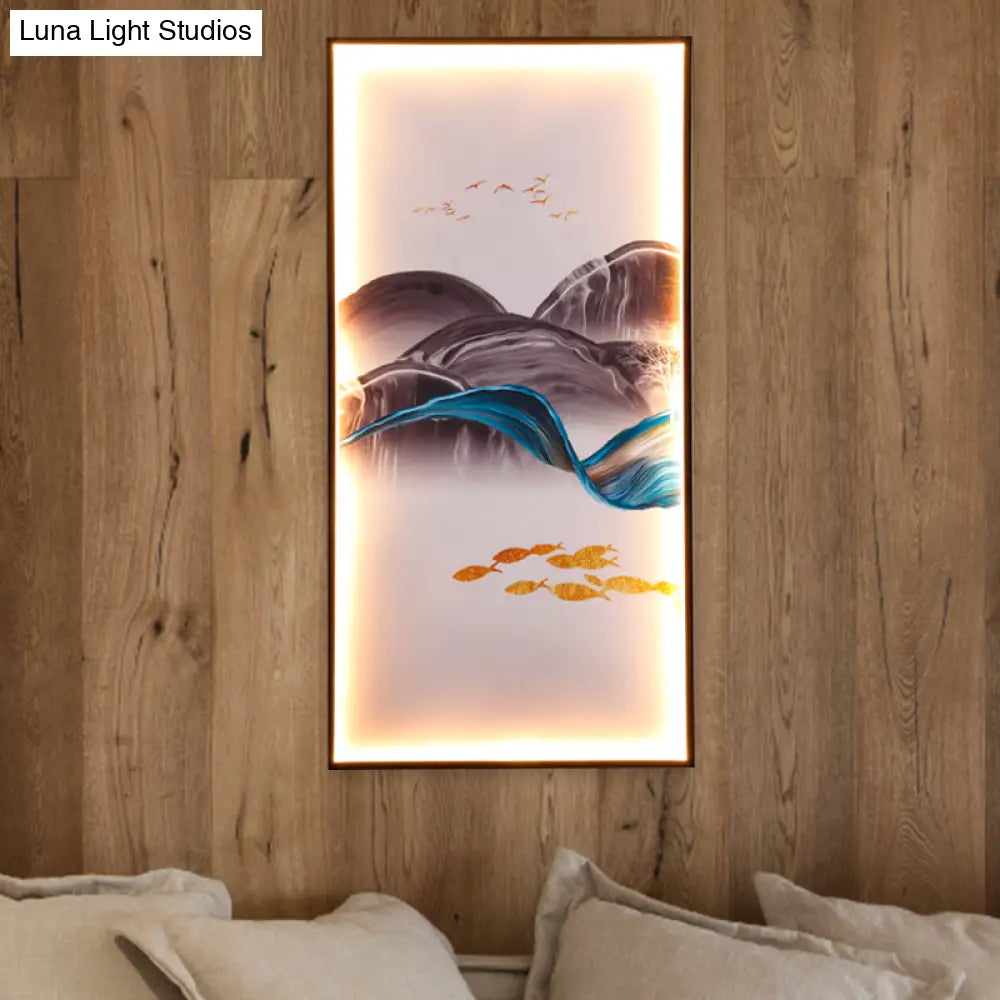 Light Asia Fabric Tearoom Rectangular Wall Mural Led Sconce With Fish/Elk Pattern Blue