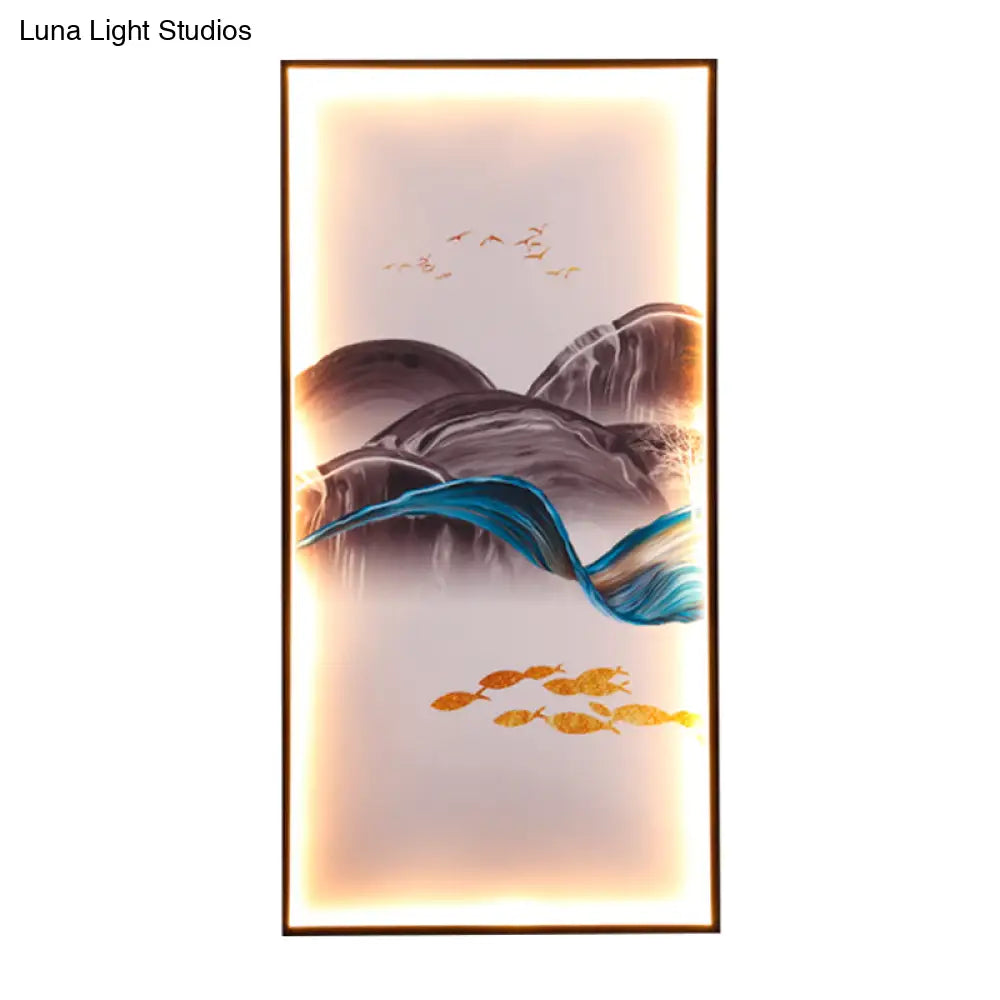 Light Asia Fabric Tearoom Rectangular Wall Mural Led Sconce With Fish/Elk Pattern Blue