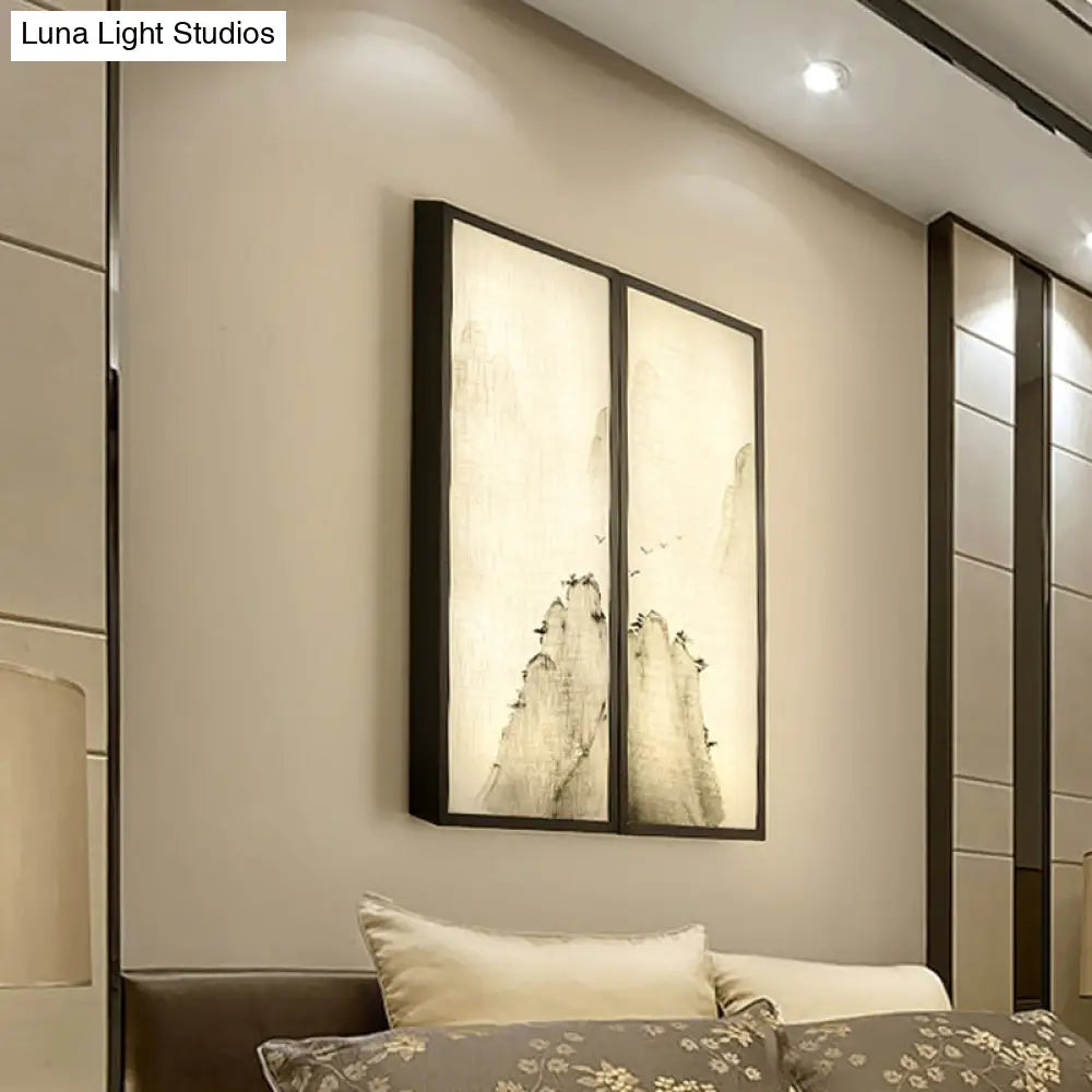 Light Fabric Asian Wall Mural With Led Sconce Lighting - Hills Drawing Bedroom Décor