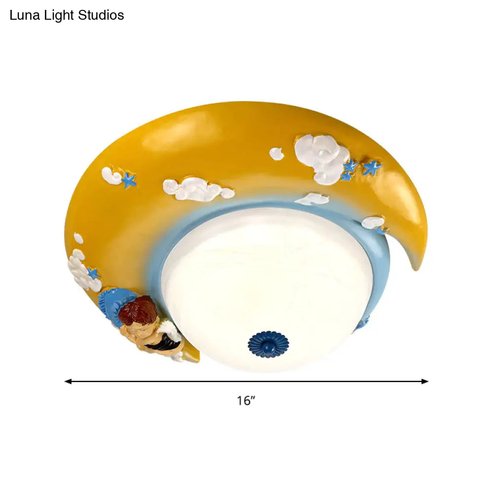 Little Angel Resin Crescent Flush Mount Light - Modern Ceiling Lamp For Kid Bedroom