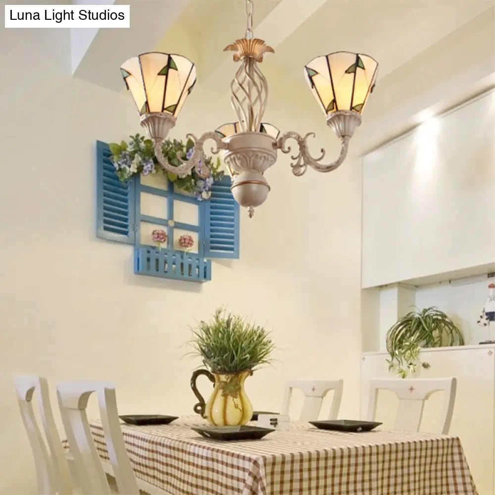 Lodge Conical Pendant Light - Adjustable Chain 3-Light Beige Stained Glass Chandelier
