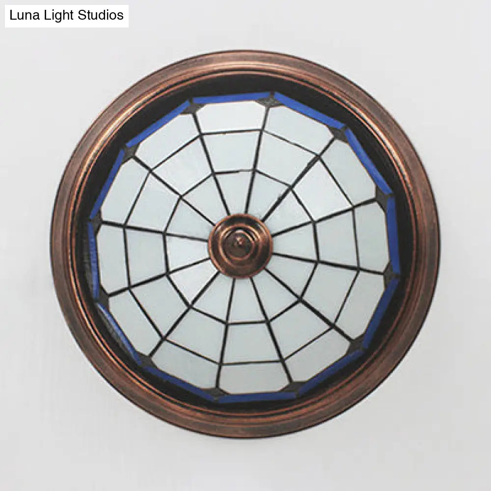 Lodge Stained Glass Bowl Ceiling Light Fixture - 1 Bulb Flushmount In Blue & White