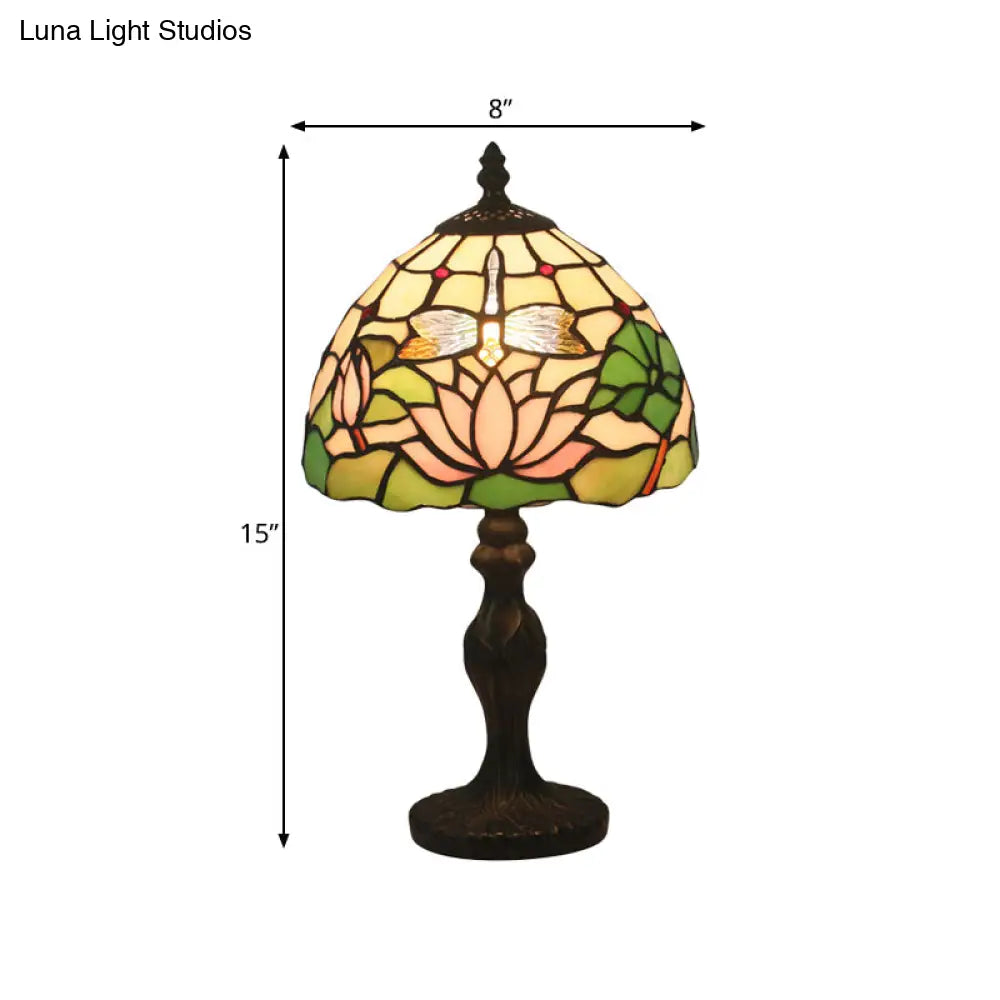 Lotus Pattern Tiffany Cut Glass Table Lamp - 1-Light Dark Brown Nightstand Lighting