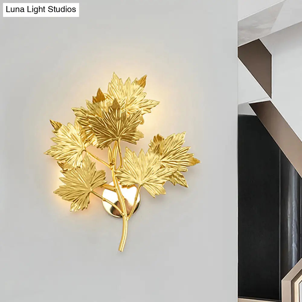 Luxury Gold Aluminium Maple Leaf Wall Sconce Light - 2/8 Heads For Living Room