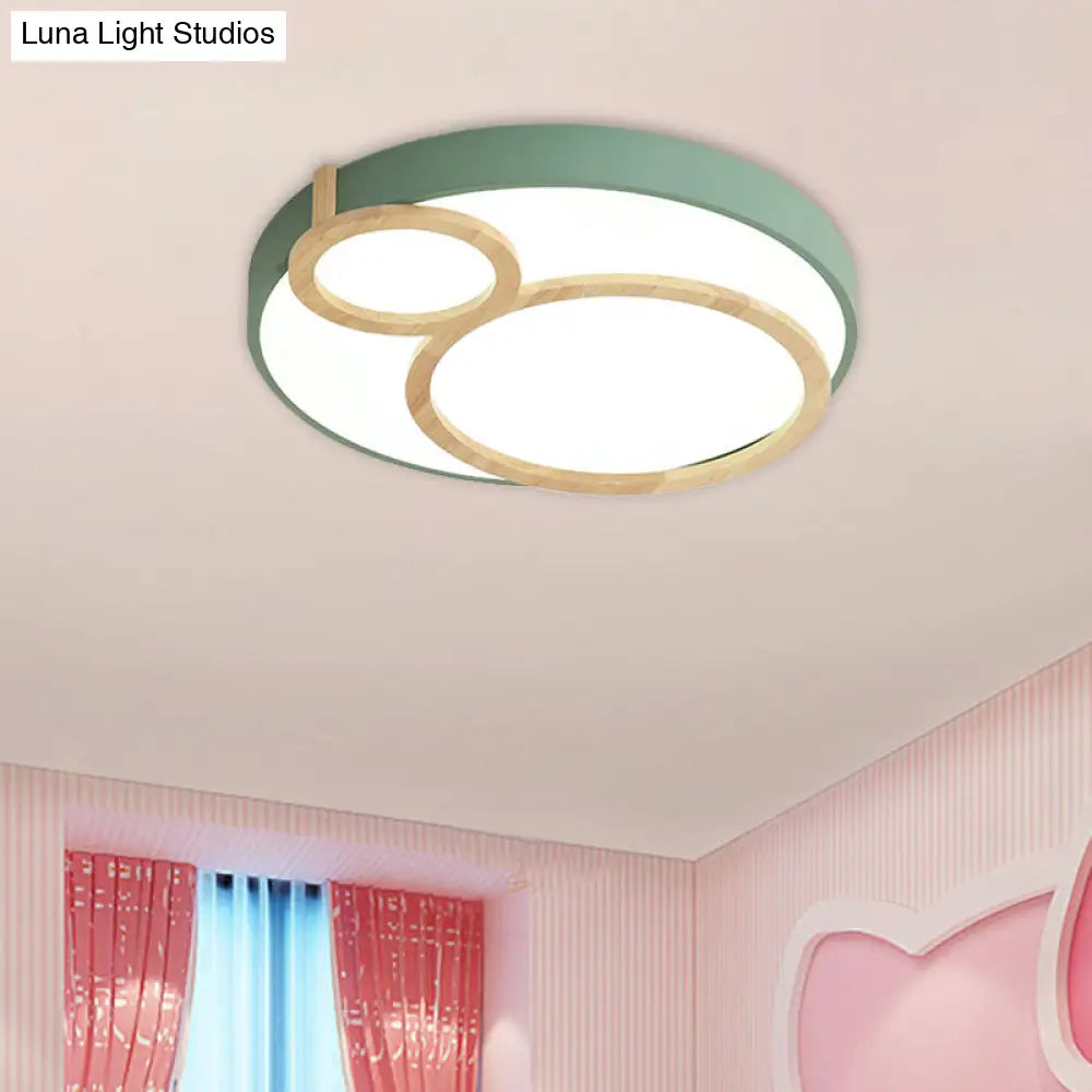 Macaron Acrylic Led Flush Mount Light Fixture With Wood Accent - White/Green/Grey