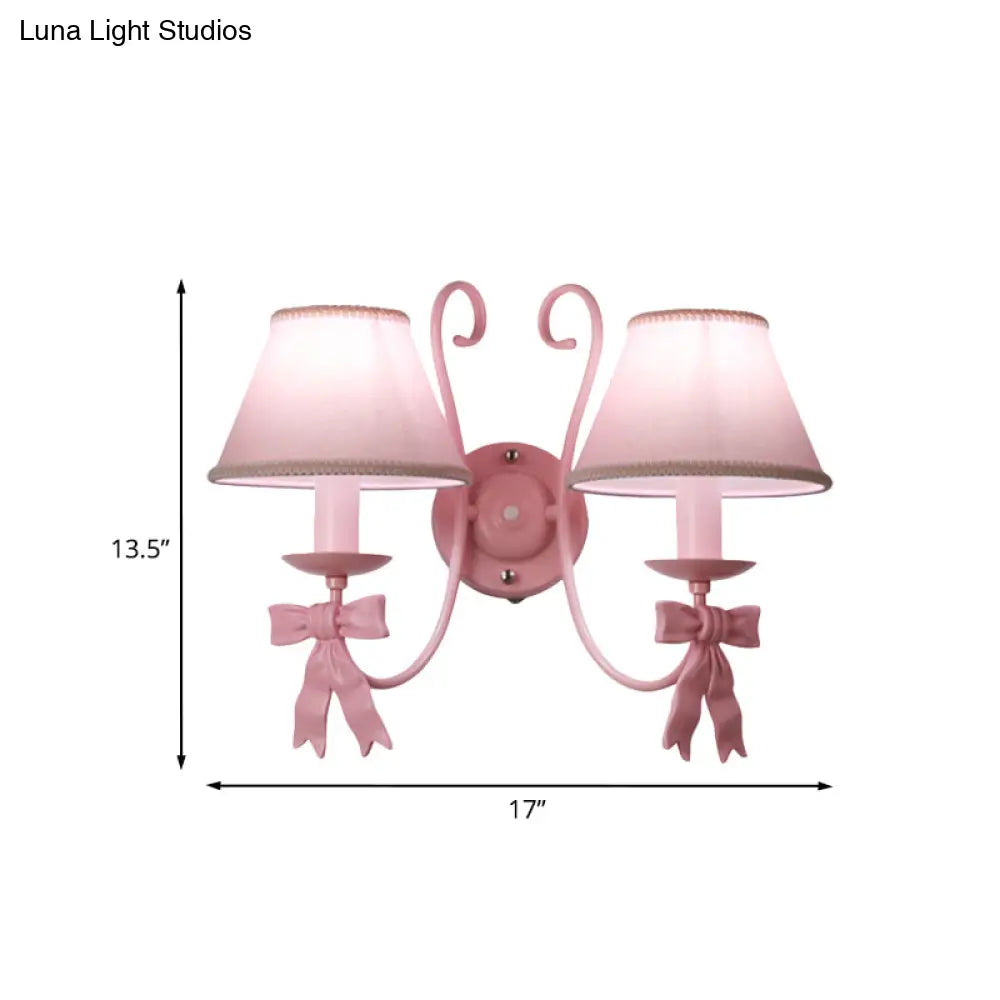 Macaron Pink Bow Wall Lamp With Fabric Shade - Bedroom Mounted Light