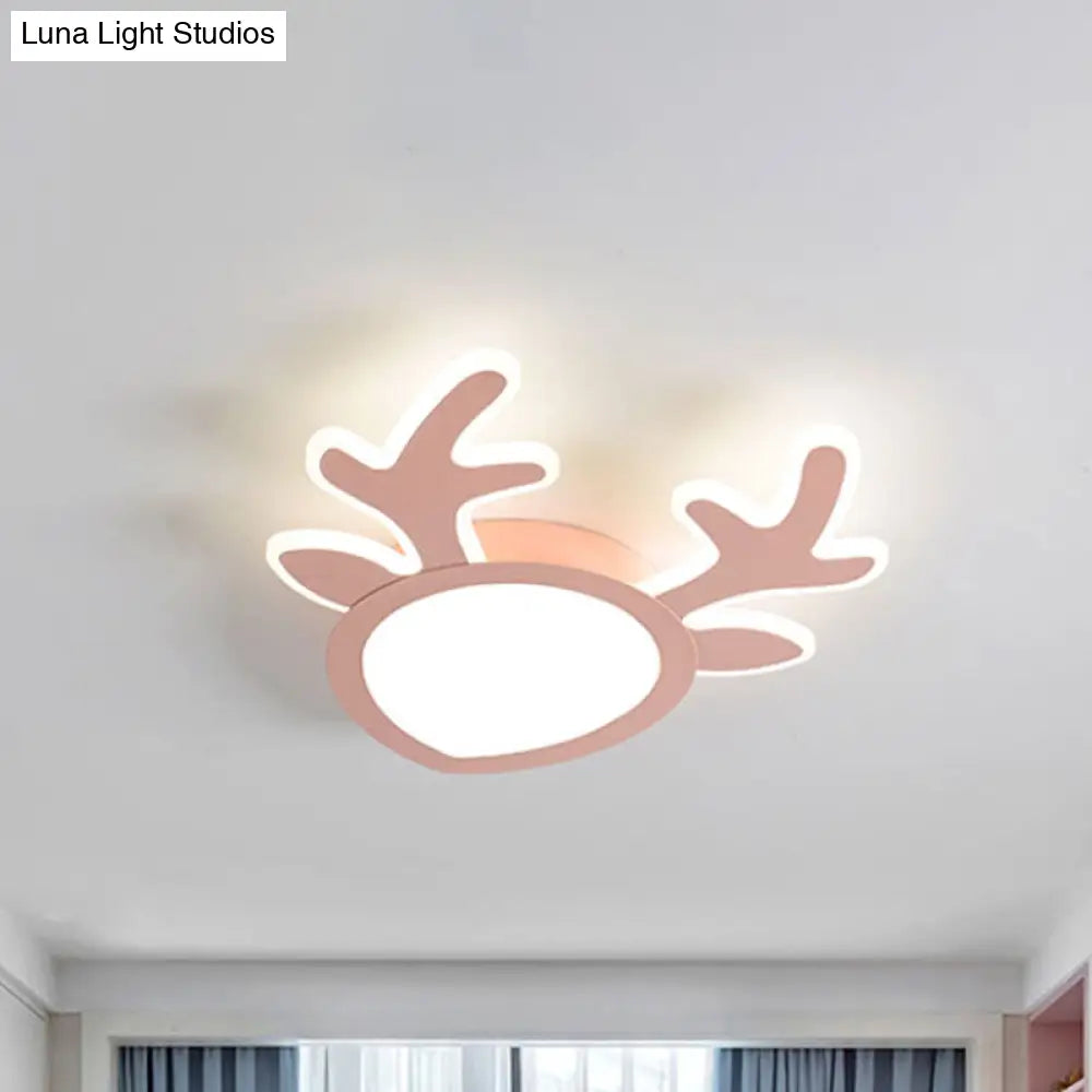 Macaroon Pink/Blue Led Children’s Bedroom Ceiling Light - Antler Iron Flush Mount Lamp