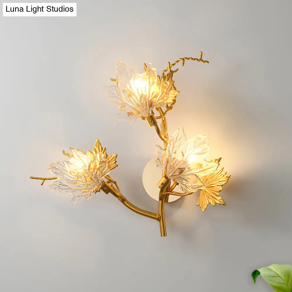 Maple Leaf Wall Lamp - 3-Light Clear Textured Glass Sconce In Gold For Bedroom