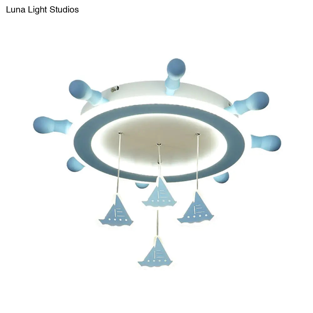 Marine Steering Wheel Flush Light: Kid’s Room Ceiling Mount Fixture With Sailing Boat Design -