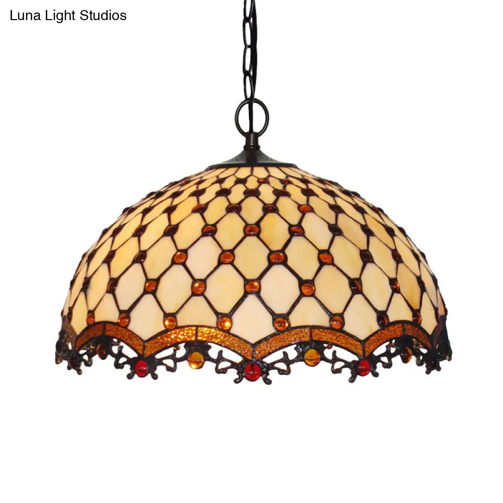 Mediterranean Beige Stained Glass Ceiling Lamp: Scalloped Design 1 Light Suspension Pendant For