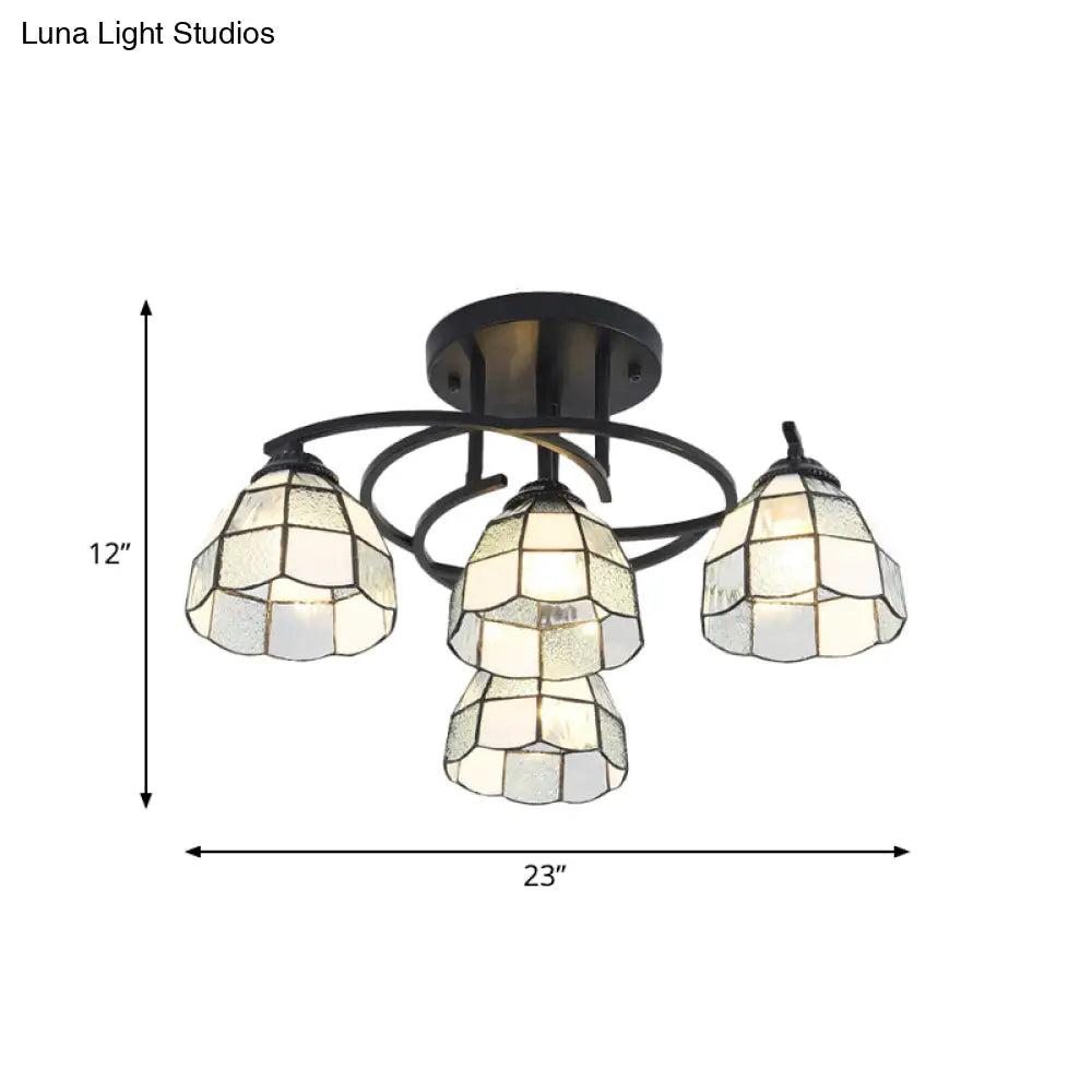 Mediterranean Black Bedroom Ceiling Lamp With Cone/Dome White/Beige/Blue Glass Shade - 4 Lights