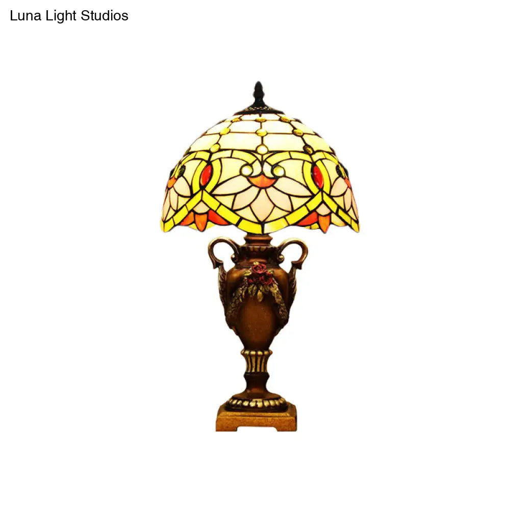 Mediterranean Desk Lamp: Hand-Cut Glass Blossom Pattern Night Light In Yellow/Green With Trophy Base